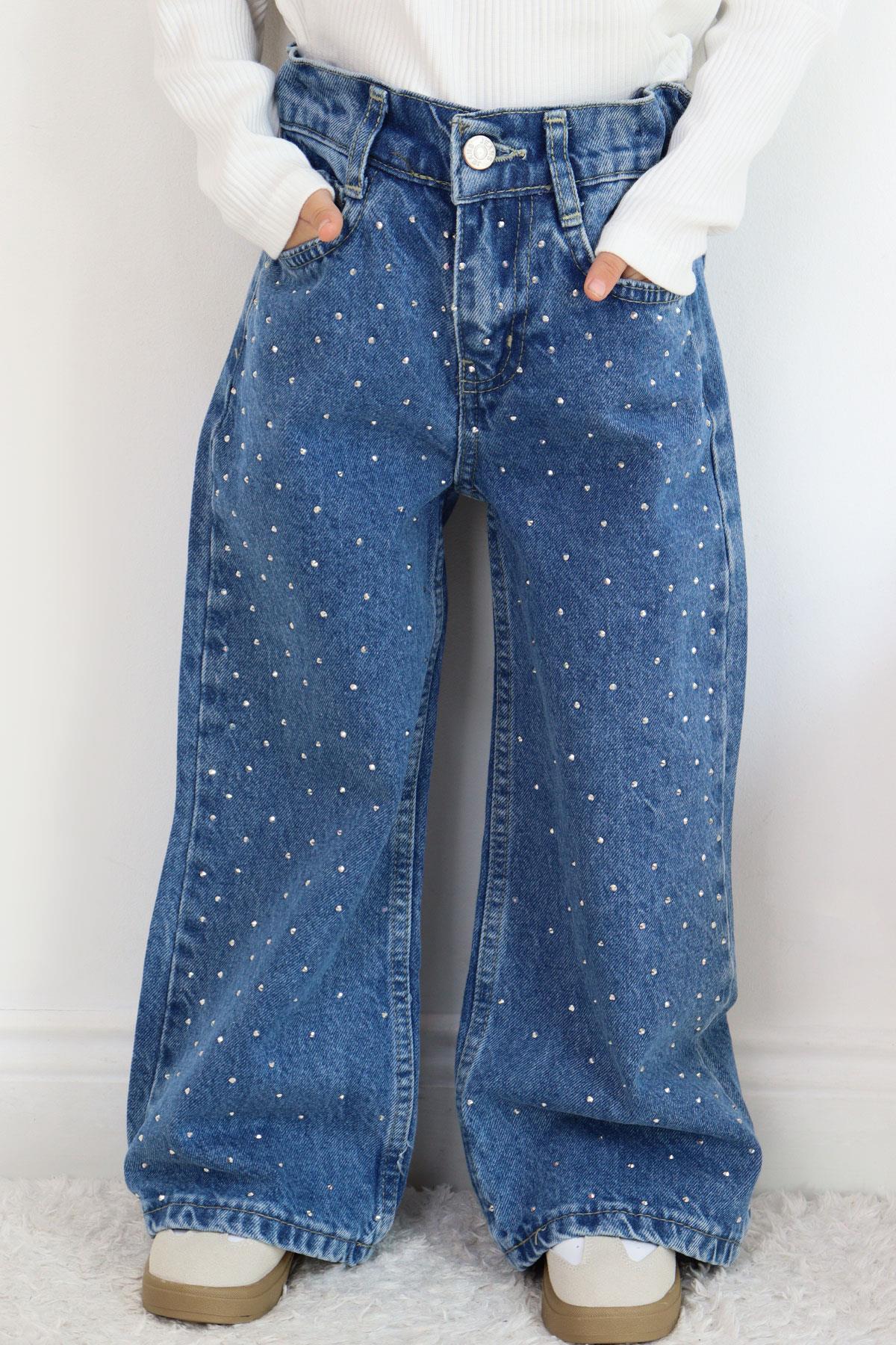 Breeze Kız Çocuk Jean Pantolon Taş Aksesuarlı Fermuarlı Cepli Mavi (5-9 Yaş)