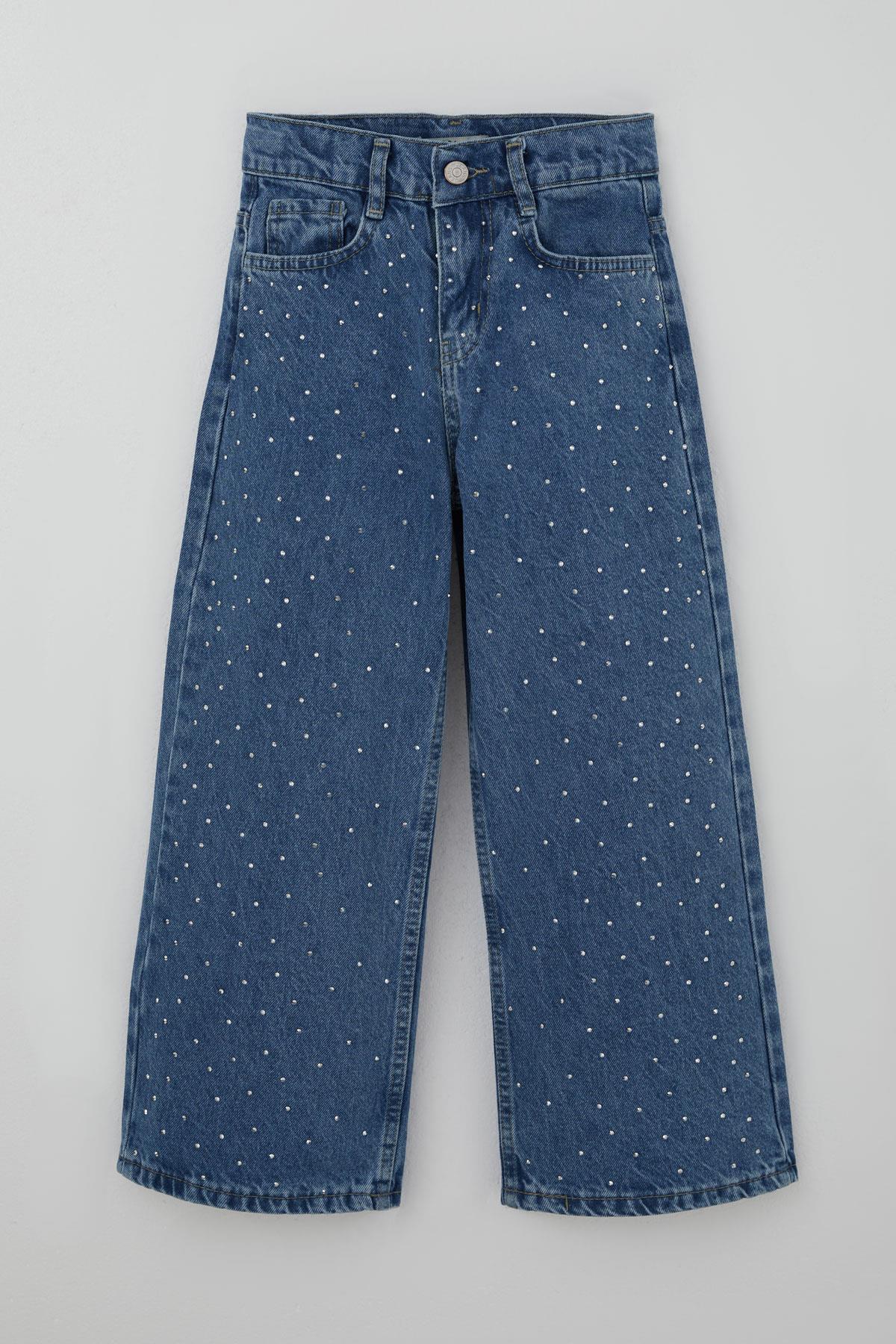 Breeze Kız Çocuk Jean Pantolon Taş Aksesuarlı Fermuarlı Cepli Mavi (5-9 Yaş)