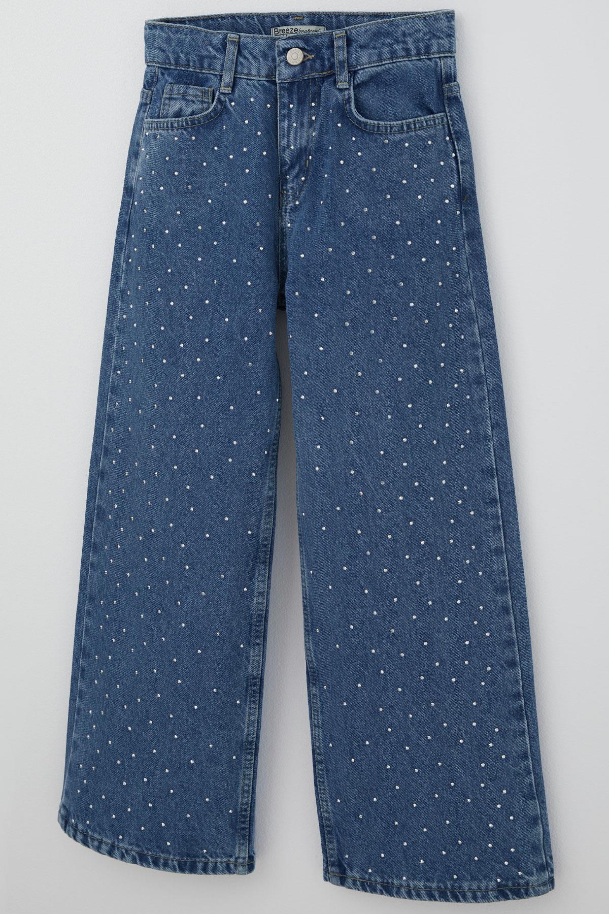 Breeze Kız Çocuk Jean Pantolon Taş Aksesuarlı Fermuarlı Cepli Mavi (10-14 Yaş)