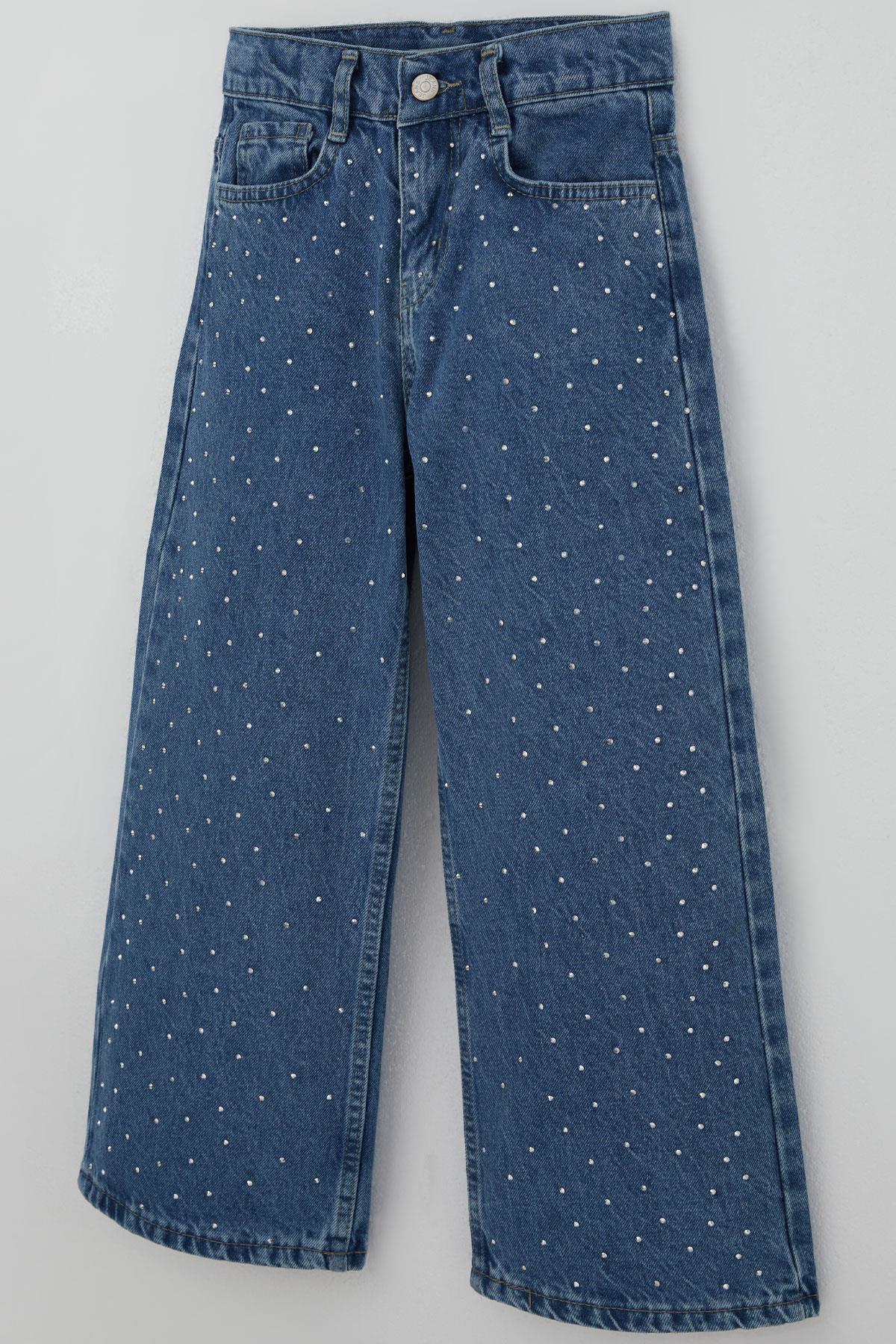 Breeze Kız Çocuk Jean Pantolon Taş Aksesuarlı Fermuarlı Cepli Mavi (5-9 Yaş)