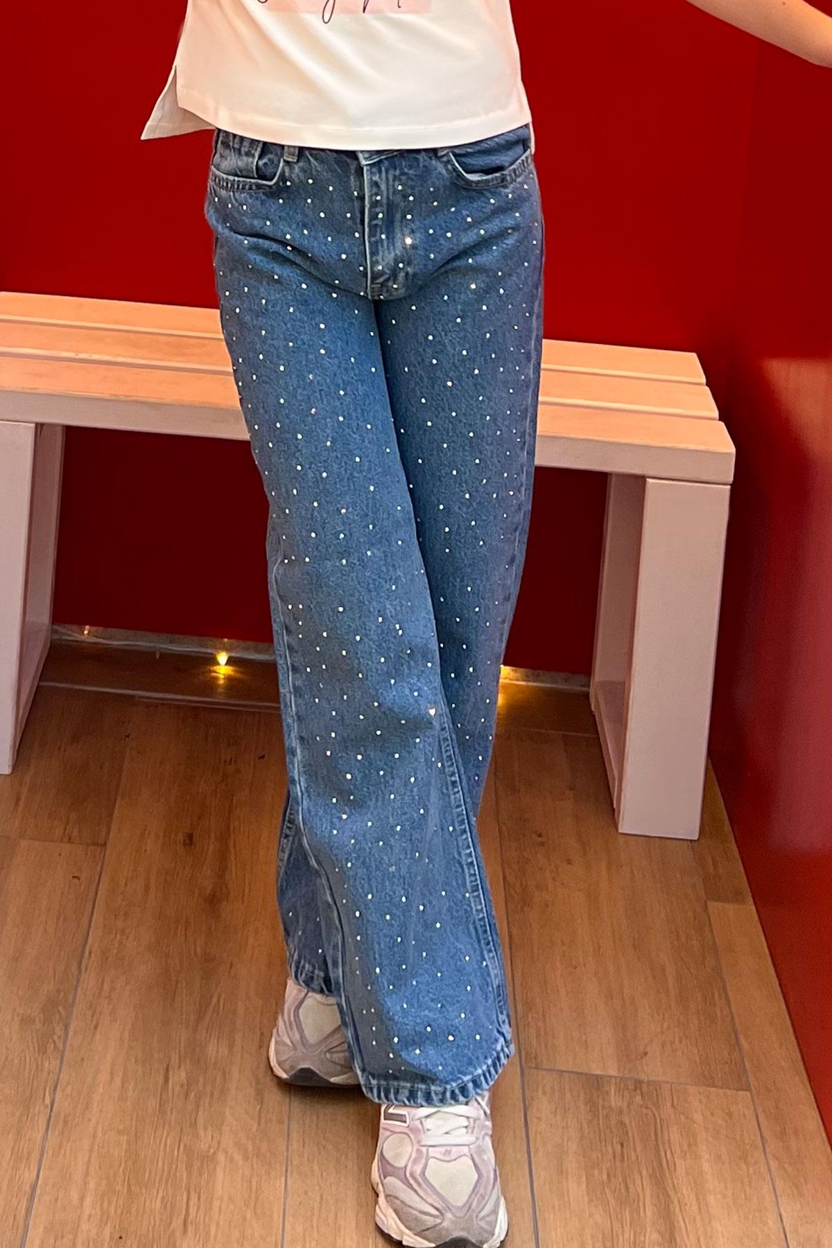 Breeze Kız Çocuk Jean Pantolon Taş Aksesuarlı Fermuarlı Cepli Mavi (10-14 Yaş)