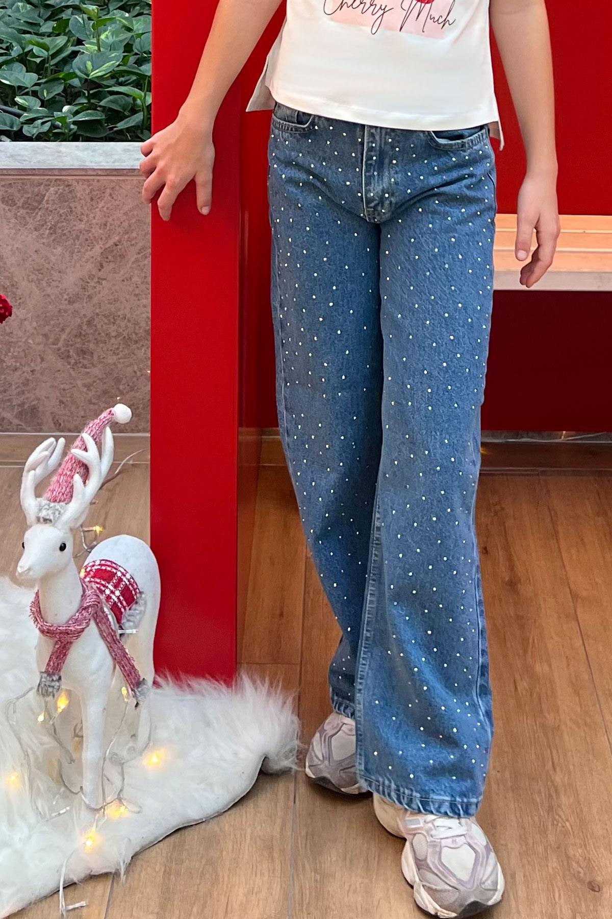 Breeze Kız Çocuk Jean Pantolon Taş Aksesuarlı Fermuarlı Cepli Mavi (10-14 Yaş)