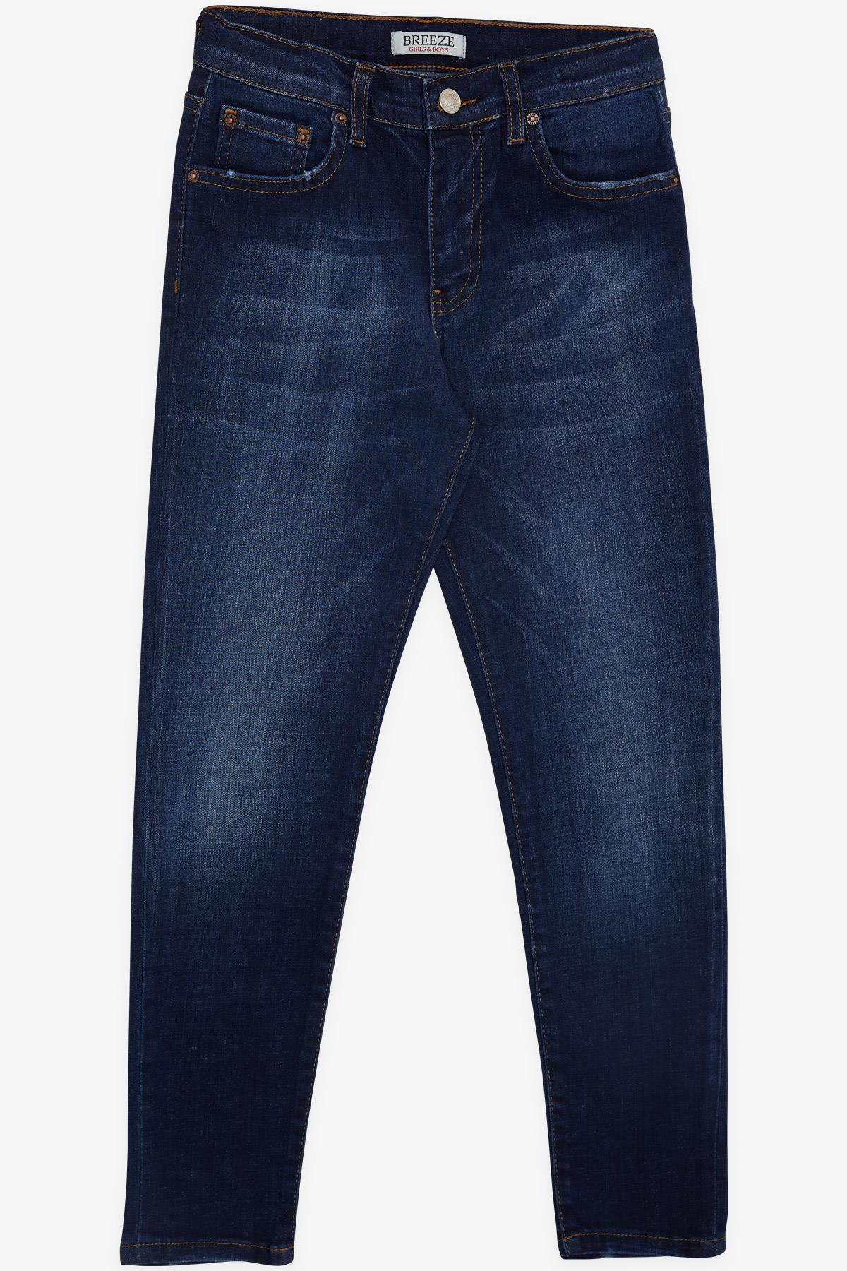 Breeze Kız Çocuk Jean Pantolon Taşlanmış Cepli Düğmeli Koyu Mavi (9-14 Yaş)