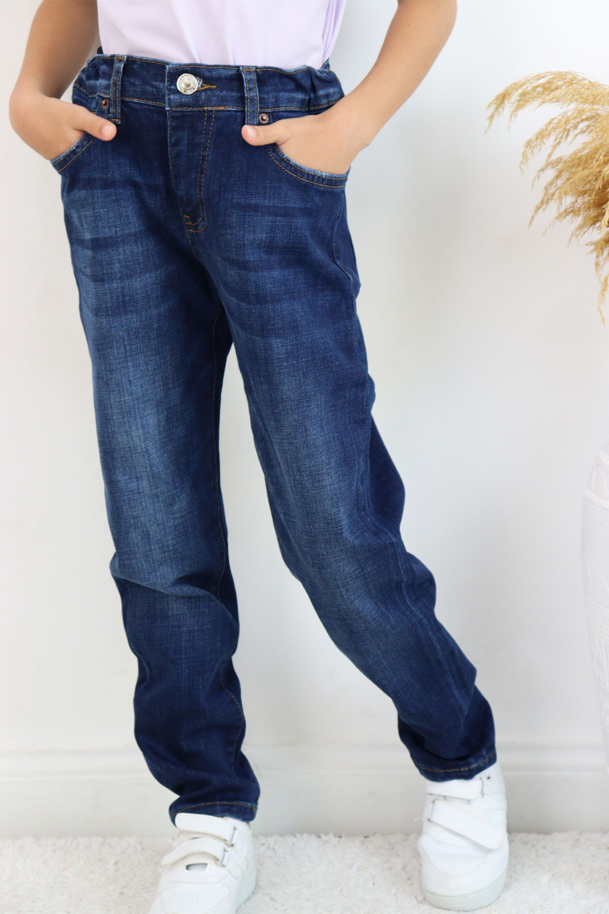 Breeze Kız Çocuk Jean Pantolon Taşlanmış Cepli Düğmeli Koyu Mavi (9-14 Yaş)