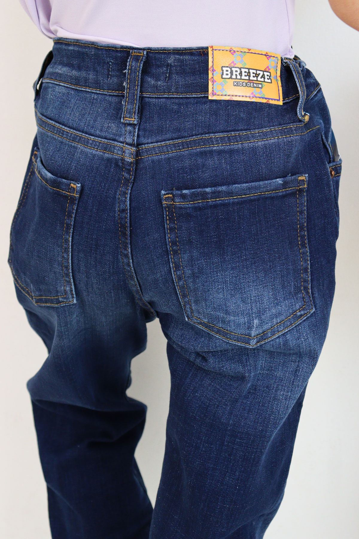 Breeze Kız Çocuk Jean Pantolon Taşlanmış Cepli Düğmeli Koyu Mavi (9-14 Yaş)