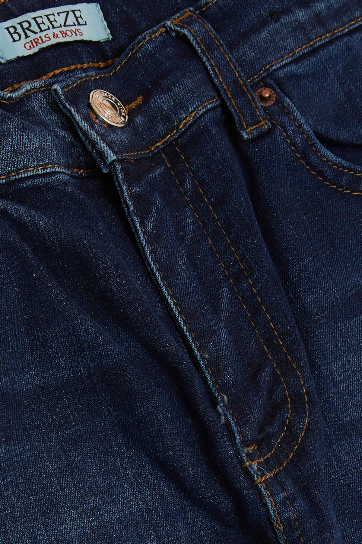 Breeze Kız Çocuk Jean Pantolon Taşlanmış Cepli Düğmeli Mavi (9-14 Yaş)