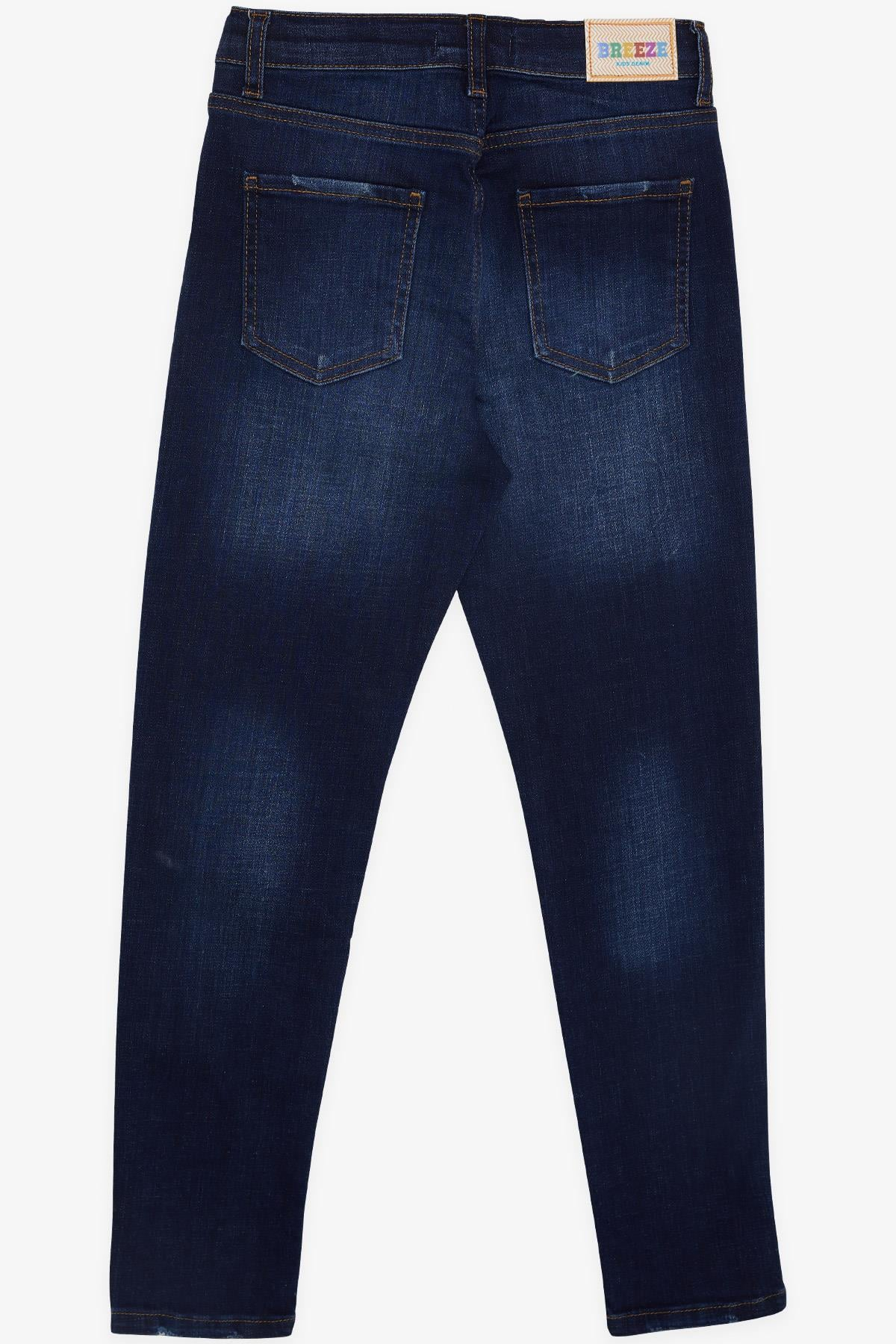 Breeze Kız Çocuk Jean Pantolon Taşlanmış Cepli Düğmeli Koyu Mavi (9-14 Yaş)