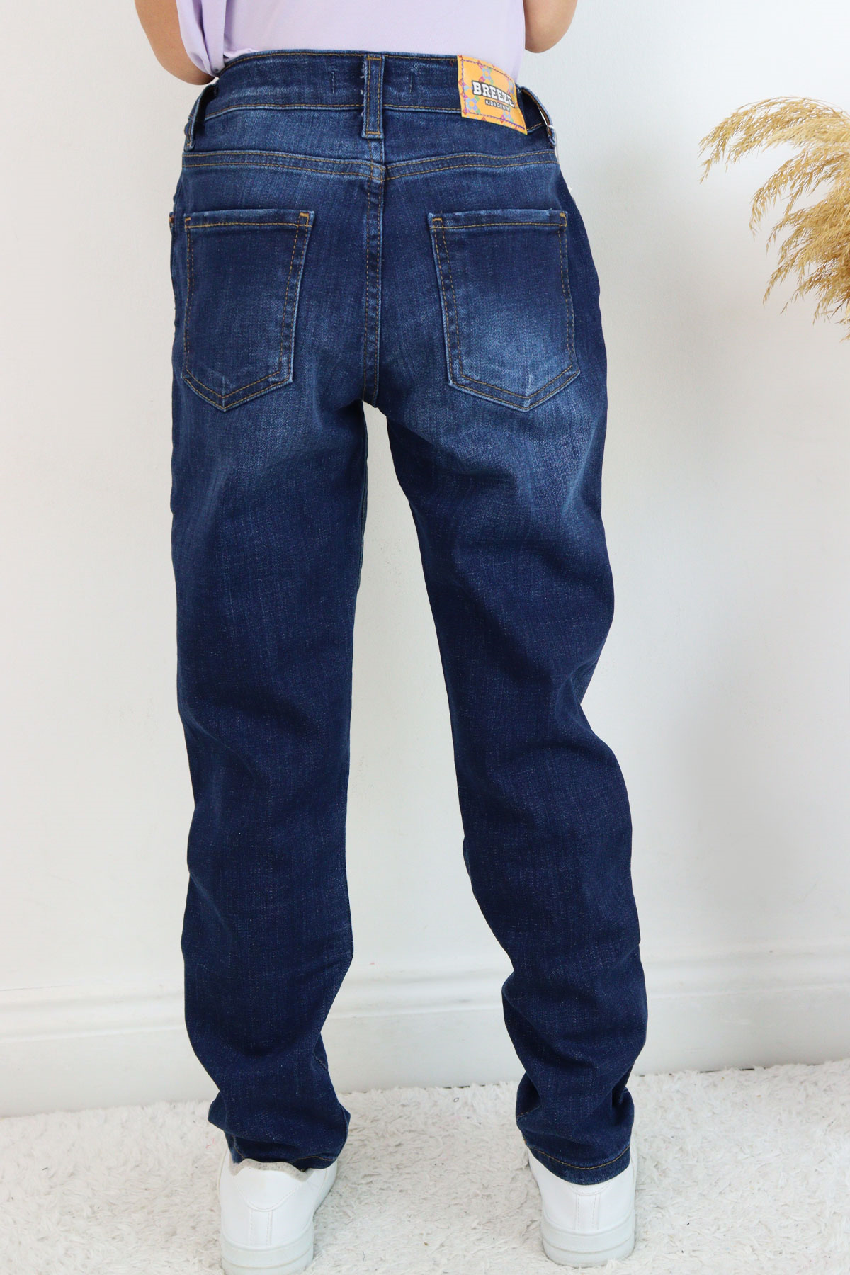 Breeze Kız Çocuk Jean Pantolon Taşlanmış Cepli Düğmeli Koyu Mavi (9-14 Yaş)
