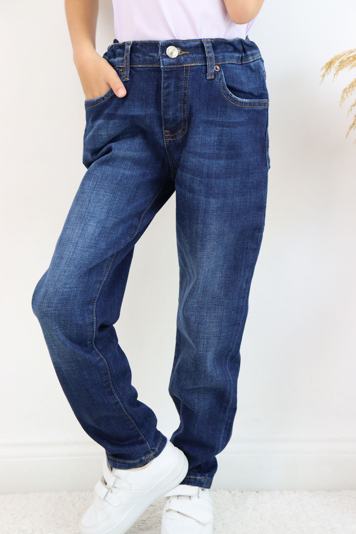 Breeze Kız Çocuk Jean Pantolon Taşlanmış Cepli Düğmeli Koyu Mavi (9-14 Yaş)