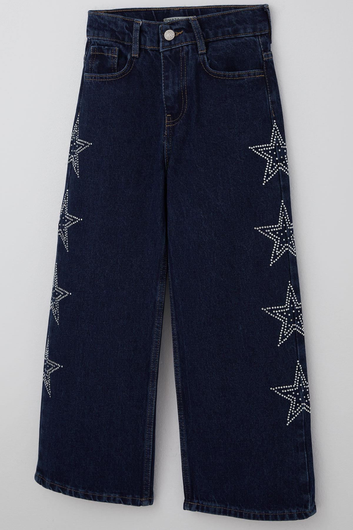 Breeze Kız Çocuk Jean Pantolon Taşlı Yıldız Baskılı Koyu Mavi (5-9 Yaş)