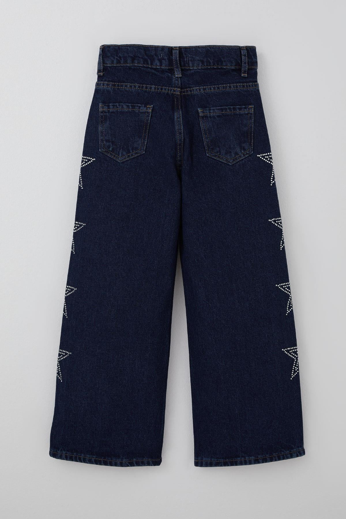Breeze Kız Çocuk Jean Pantolon Taşlı Yıldız Baskılı Koyu Mavi (5-8 Yaş)