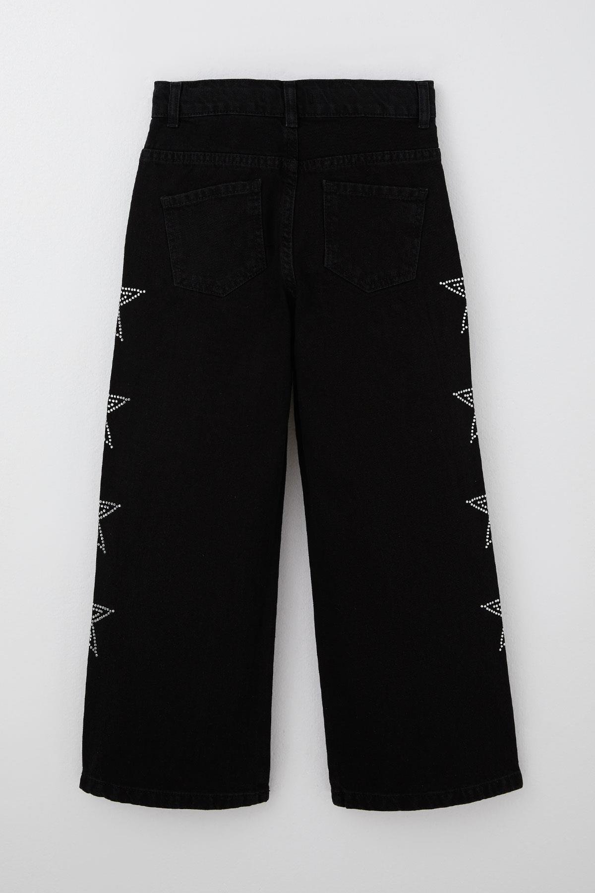 Breeze Kız Çocuk Jean Pantolon Taşlı Yıldız Baskılı Siyah (5-9 Yaş)