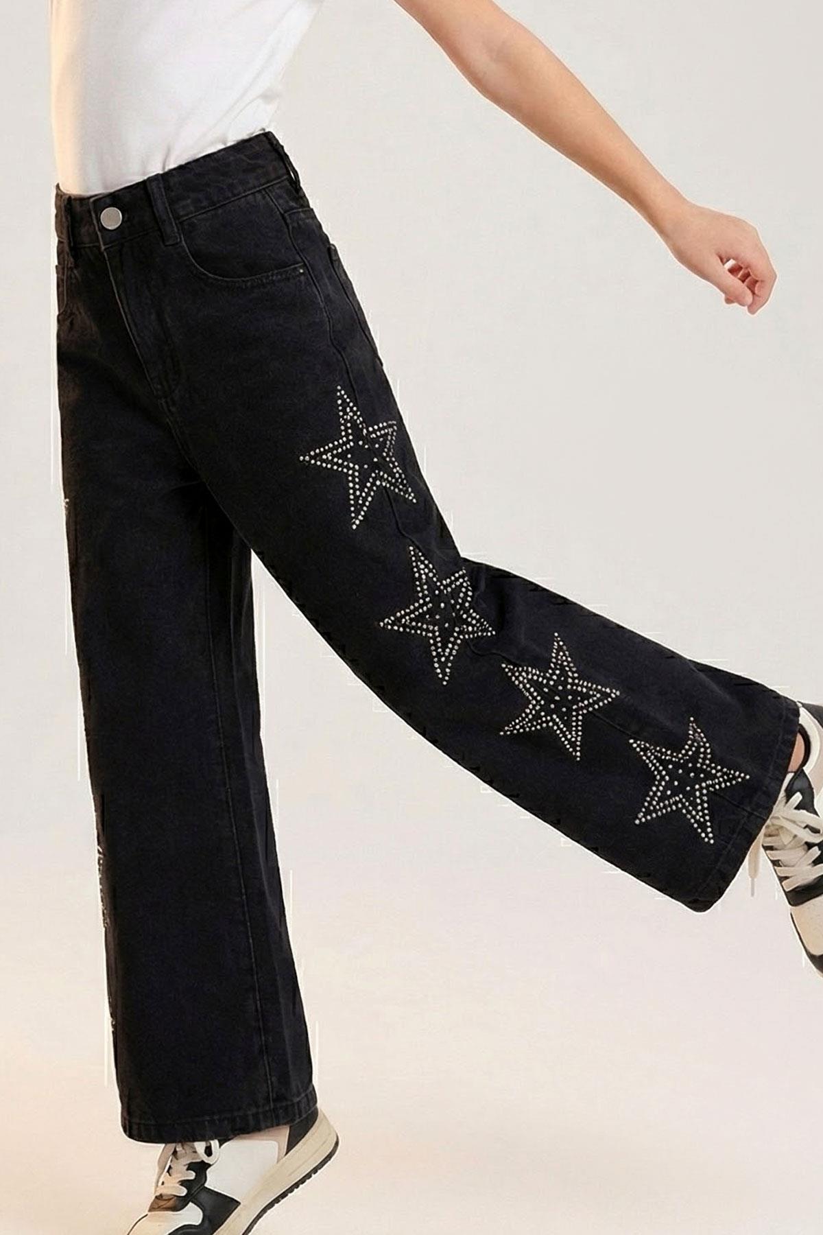 Breeze Kız Çocuk Jean Pantolon Taşlı Yıldız Baskılı Siyah (5-9 Yaş)