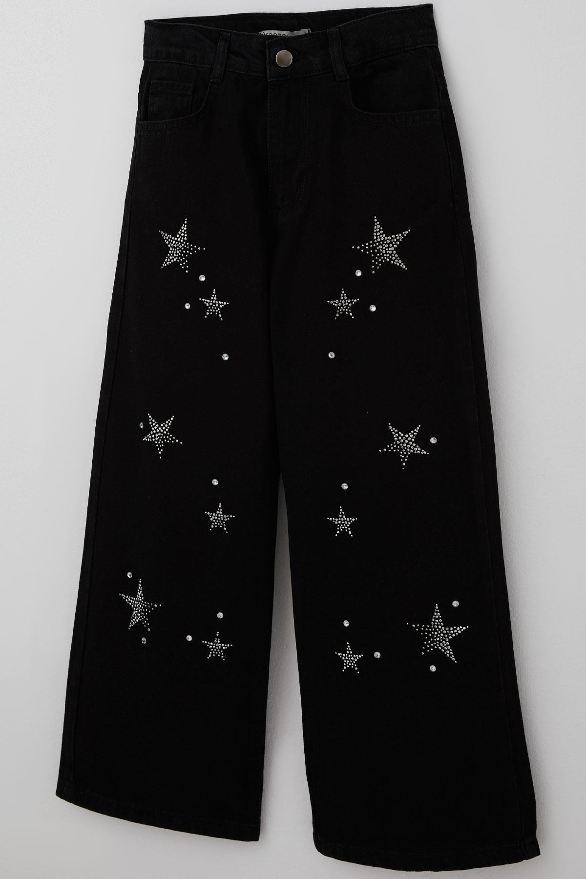 Breeze Kız Çocuk Jean Pantolon Taşlı Yıldız Aksesuarlı Siyah (5-9 Yaş)