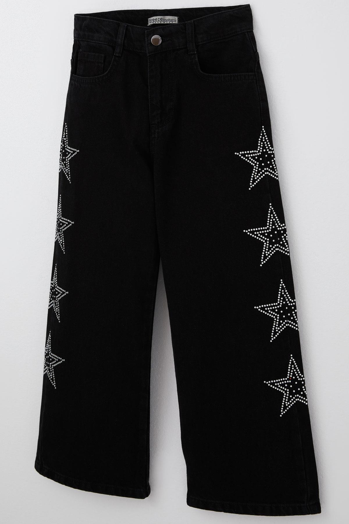 Breeze Kız Çocuk Jean Pantolon Taşlı Yıldız Baskılı Siyah (5-9 Yaş)