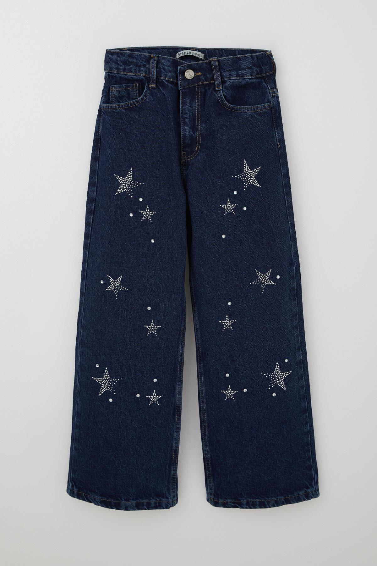 Breeze Kız Çocuk Jean Pantolon Taşlı Yıldız Aksesuarlı Koyu Mavi (10-14 Yaş)