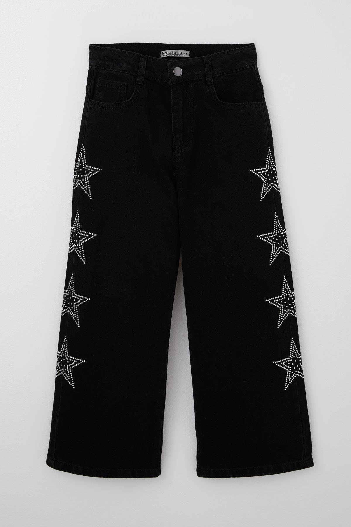Breeze Kız Çocuk Jean Pantolon Taşlı Yıldız Baskılı Siyah (5-9 Yaş)