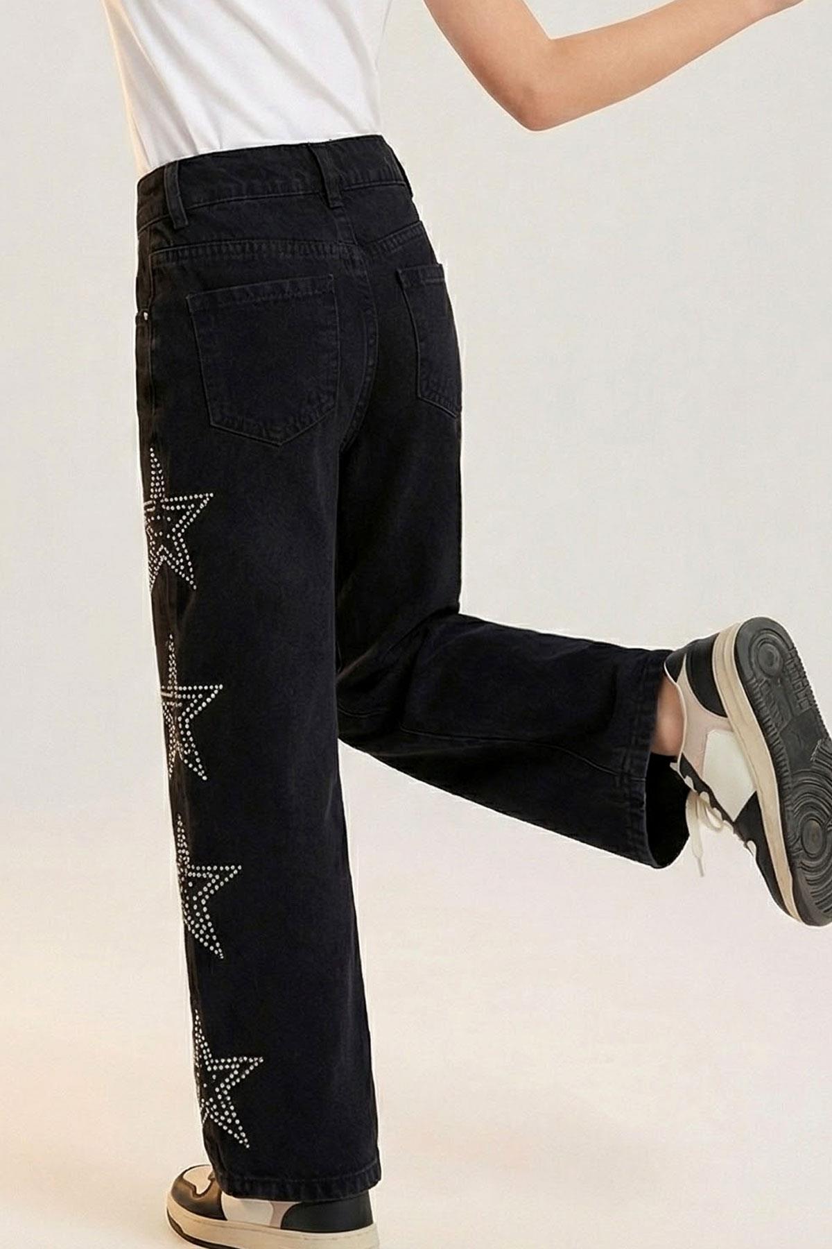 Breeze Kız Çocuk Jean Pantolon Taşlı Yıldız Baskılı Siyah (5-9 Yaş)