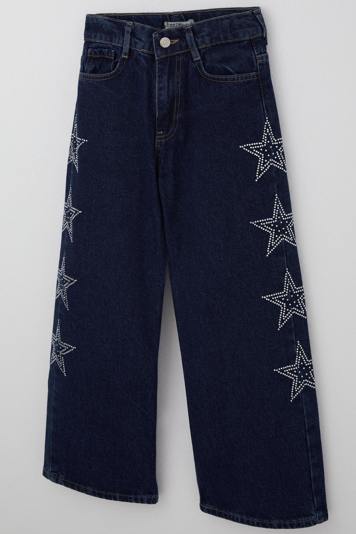 Breeze Kız Çocuk Jean Pantolon Taşlı Yıldız Baskılı Koyu Mavi (10-14 Yaş)