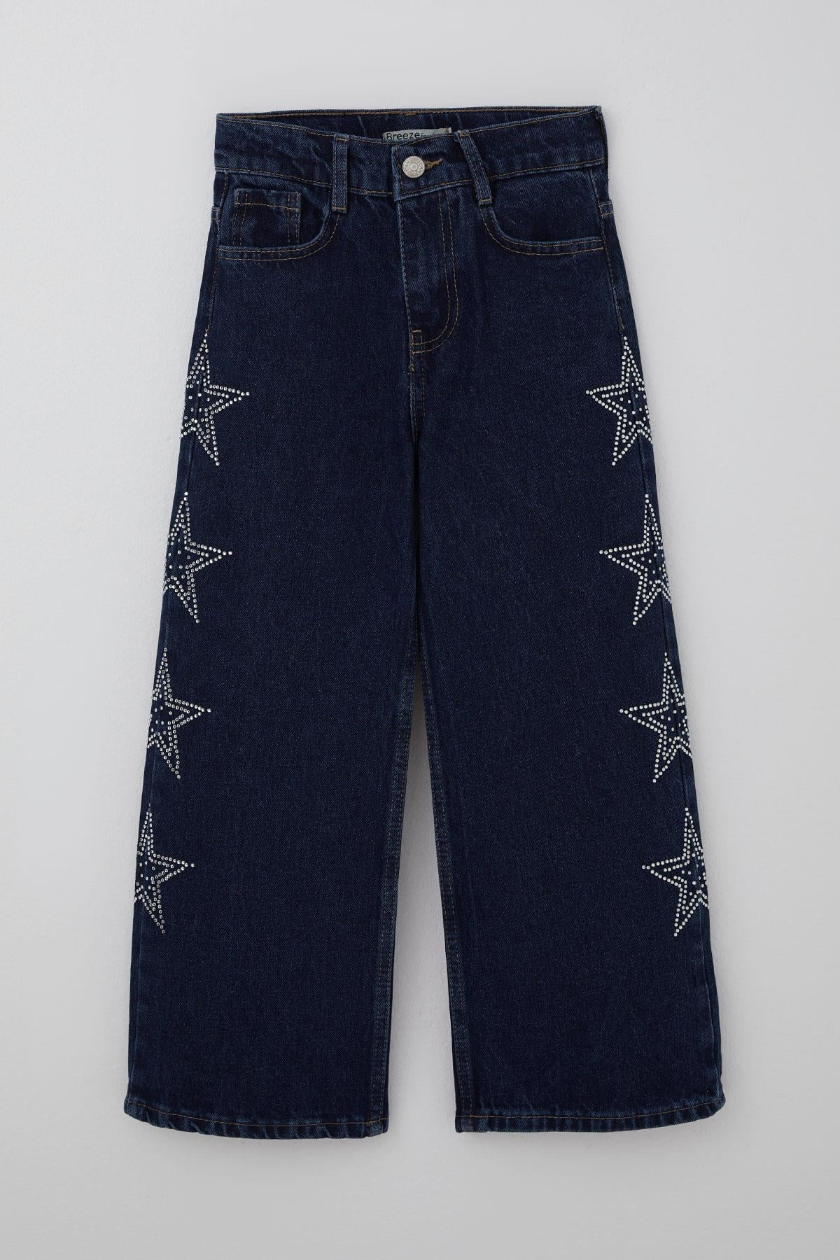 Breeze Kız Çocuk Jean Pantolon Taşlı Yıldız Baskılı Koyu Mavi (5-8 Yaş)