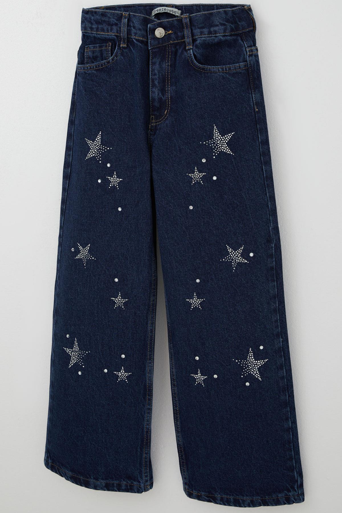 Breeze Kız Çocuk Jean Pantolon Taşlı Yıldız Aksesuarlı Koyu Mavi (10-14 Yaş)