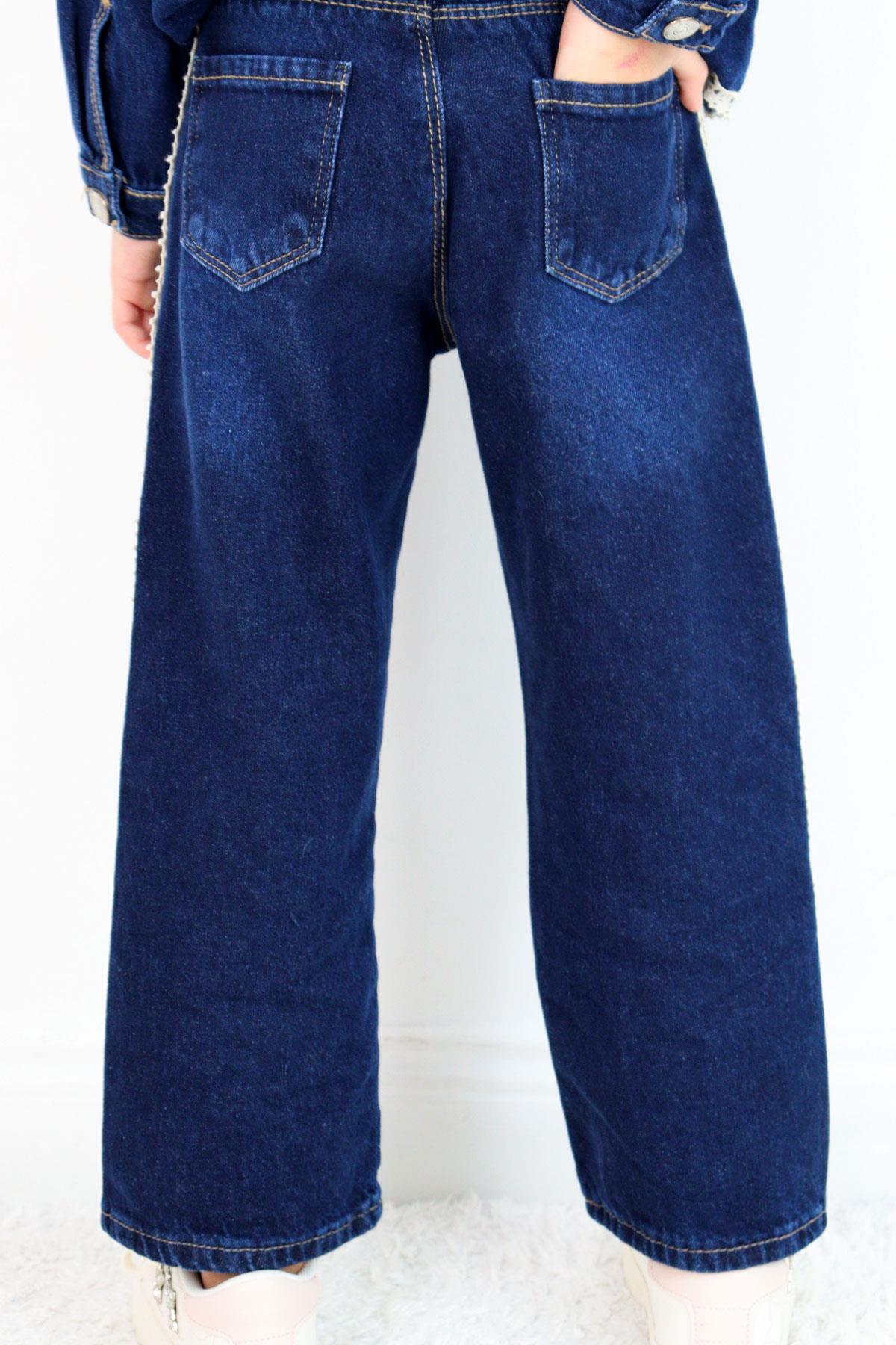 Breeze Kız Çocuk Jean Pantolon Yanları Şerit Güpür Detaylı Koyu Mavi (3-7 Yaş)