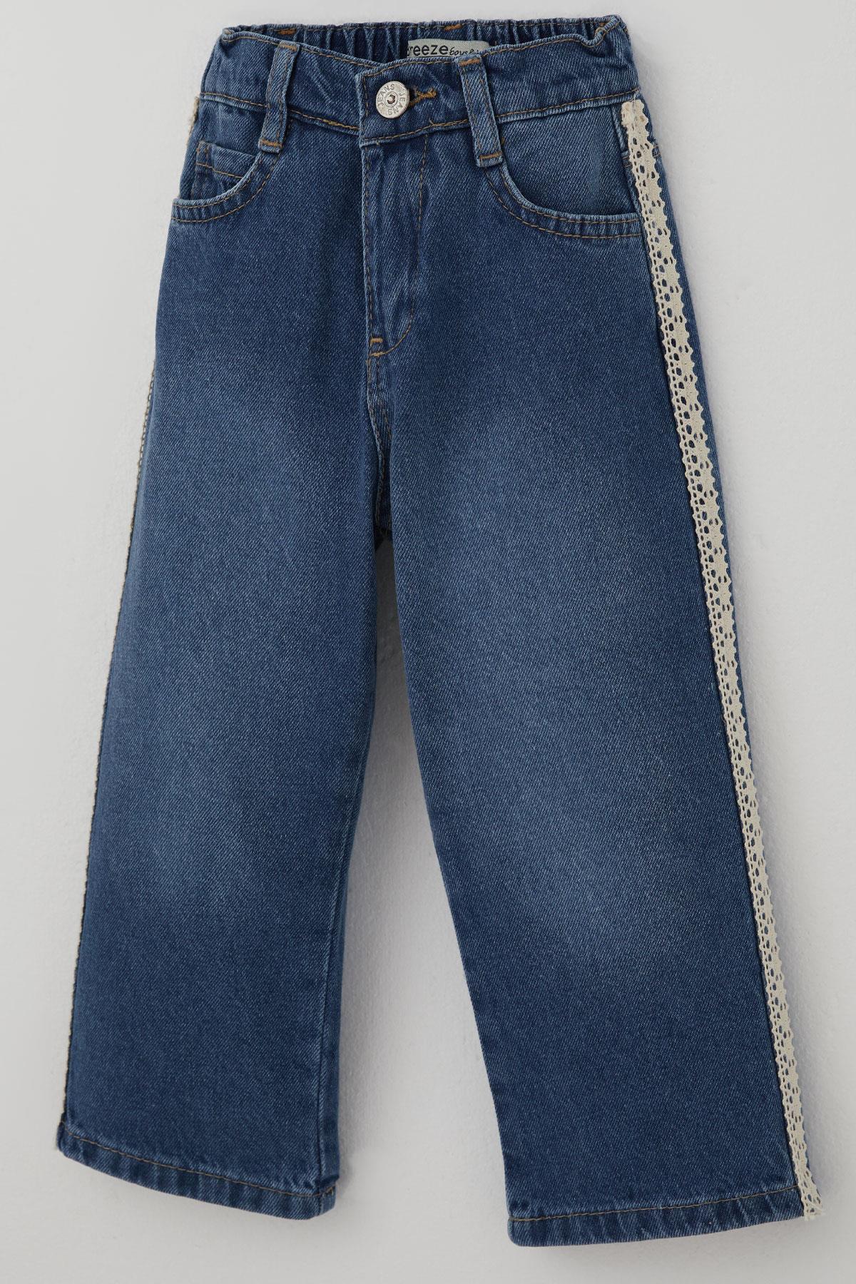 Breeze Kız Çocuk Jean Pantolon Yanları Şerit Güpür Detaylı Mavi (3-7 Yaş)