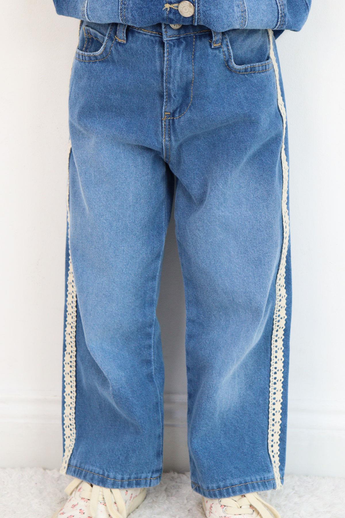 Breeze Kız Çocuk Jean Pantolon Yanları Şerit Güpür Detaylı Mavi (3-7 Yaş)