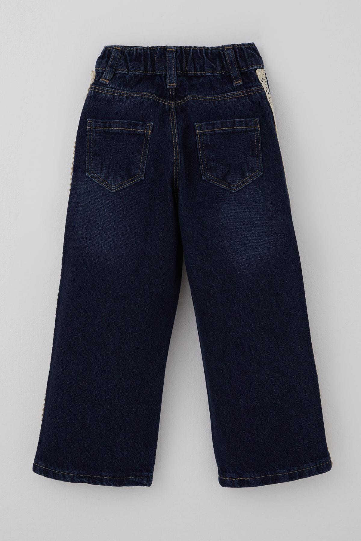 Breeze Kız Çocuk Jean Pantolon Yanları Şerit Güpür Detaylı Koyu Mavi (3-7 Yaş)