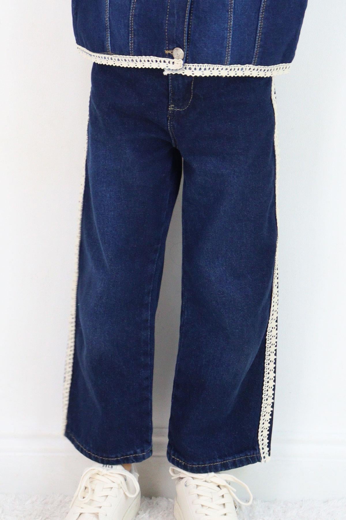 Breeze Kız Çocuk Jean Pantolon Yanları Şerit Güpür Detaylı Koyu Mavi (3-7 Yaş)