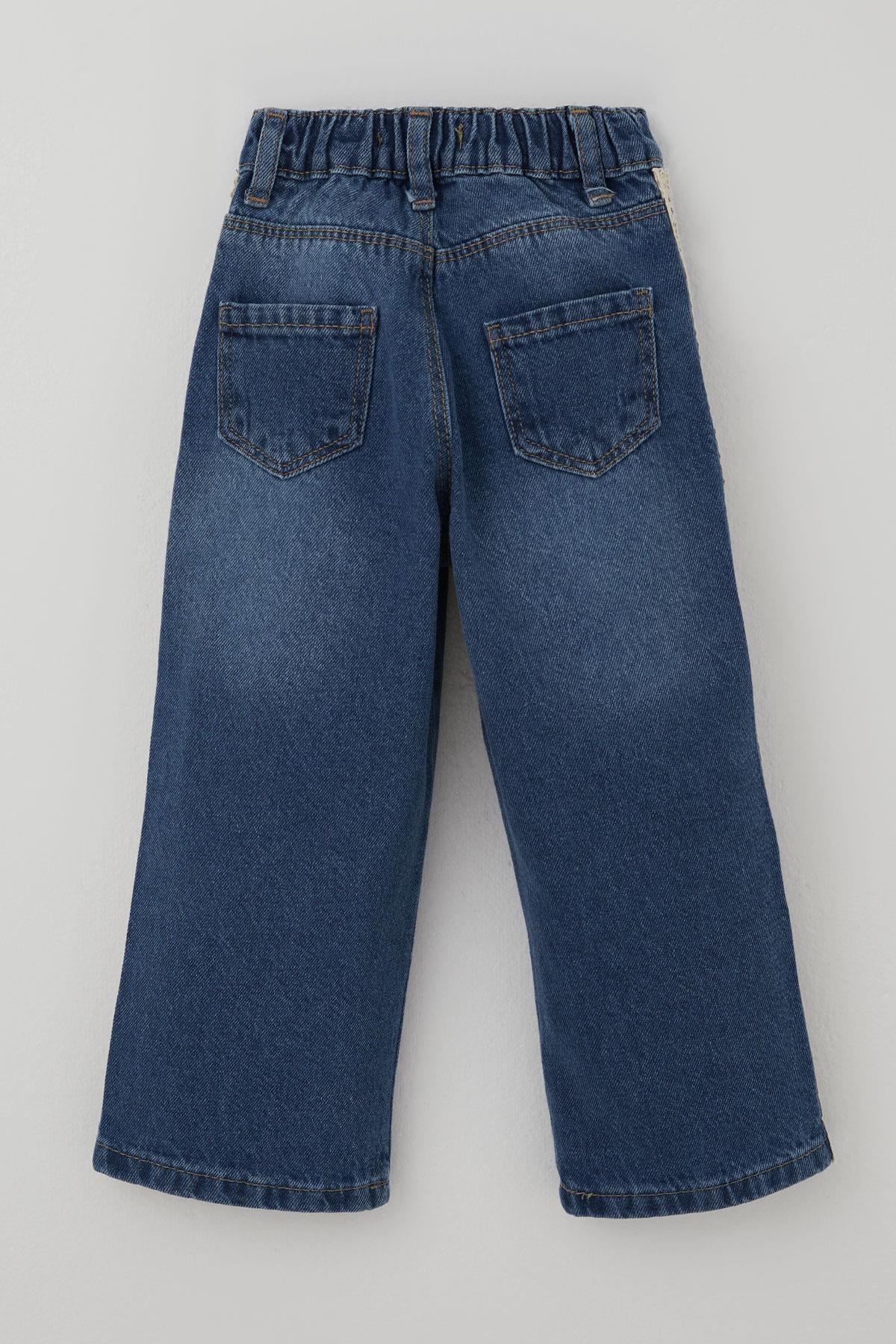 Breeze Kız Çocuk Jean Pantolon Yanları Şerit Güpür Detaylı Mavi (3-7 Yaş)