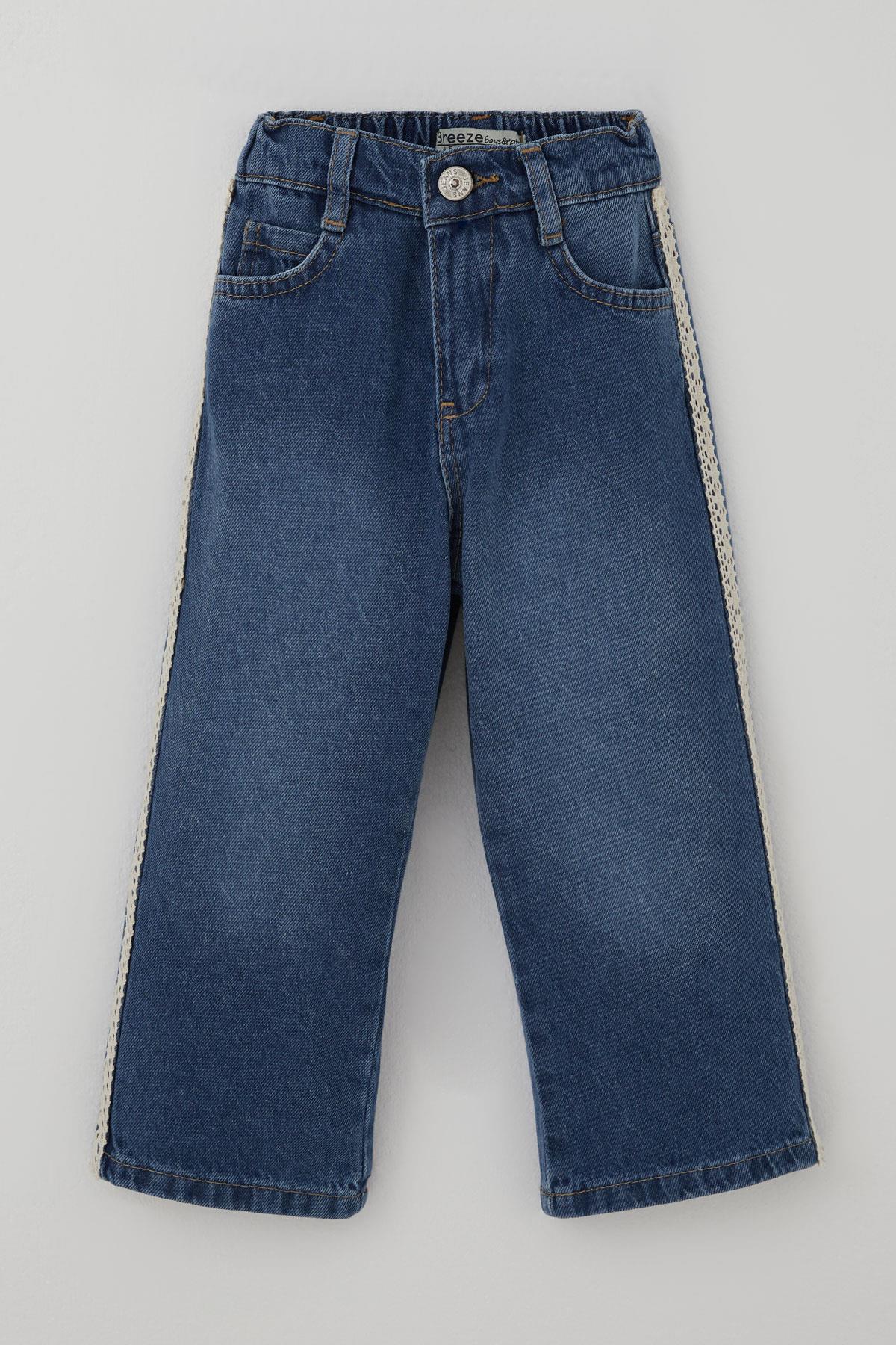 Breeze Kız Çocuk Jean Pantolon Yanları Şerit Güpür Detaylı Mavi (3-7 Yaş)