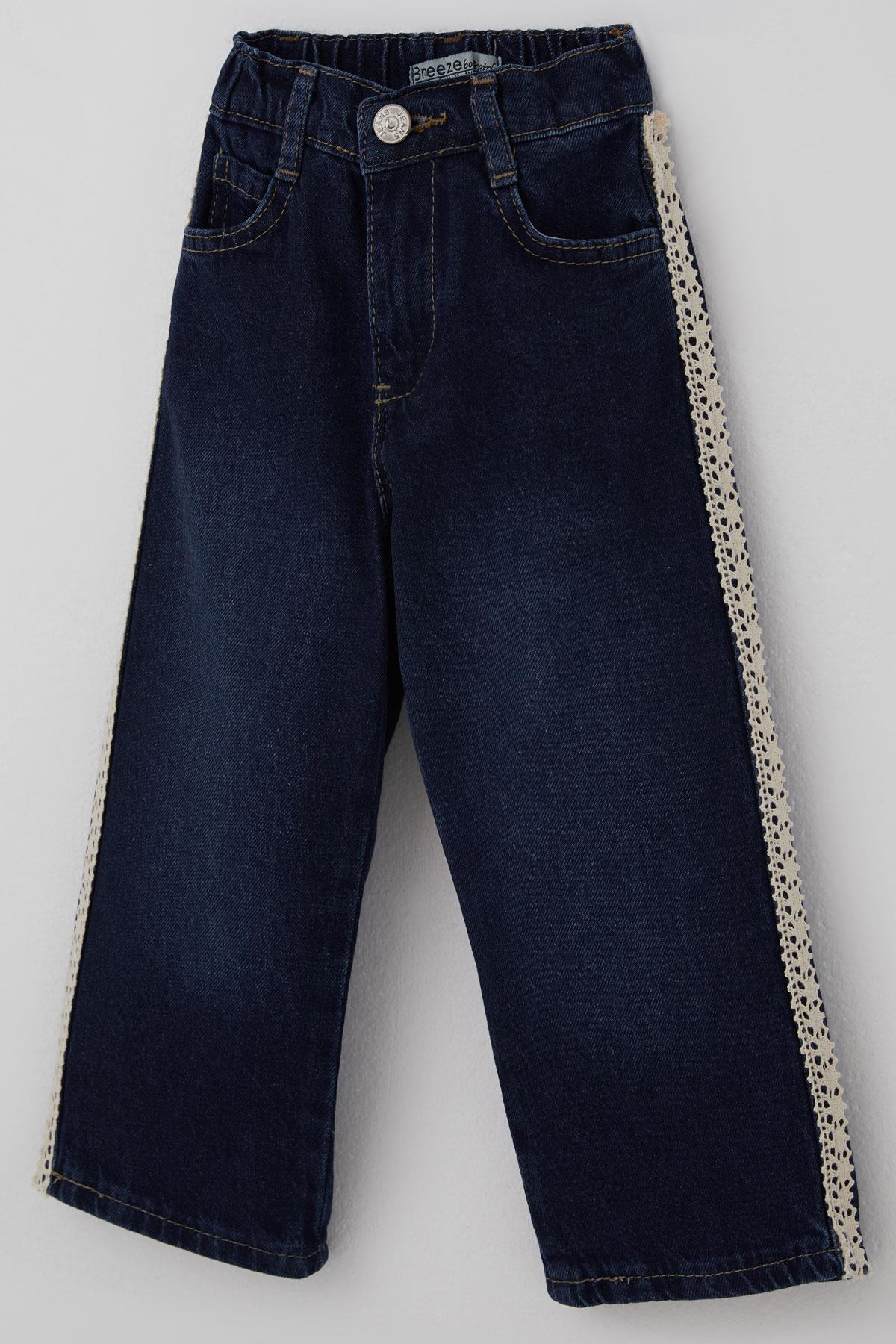 Breeze Kız Çocuk Jean Pantolon Yanları Şerit Güpür Detaylı Koyu Mavi (3-7 Yaş)
