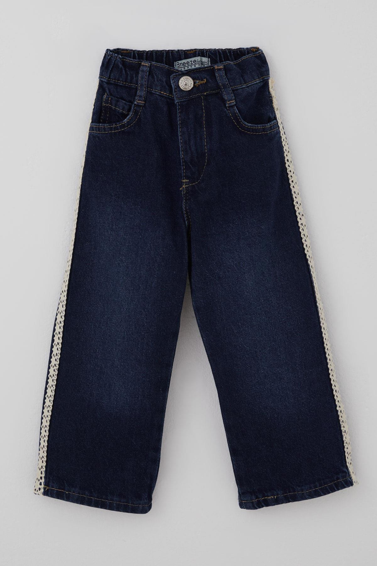 Breeze Kız Çocuk Jean Pantolon Yanları Şerit Güpür Detaylı Koyu Mavi (3-7 Yaş)