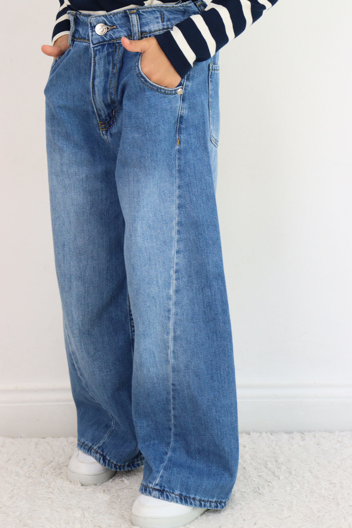 Breeze Kız Çocuk Jean Pantolon Yıkamalı Fermuarlı Düğmeli Mavi (4-8 Yaş)