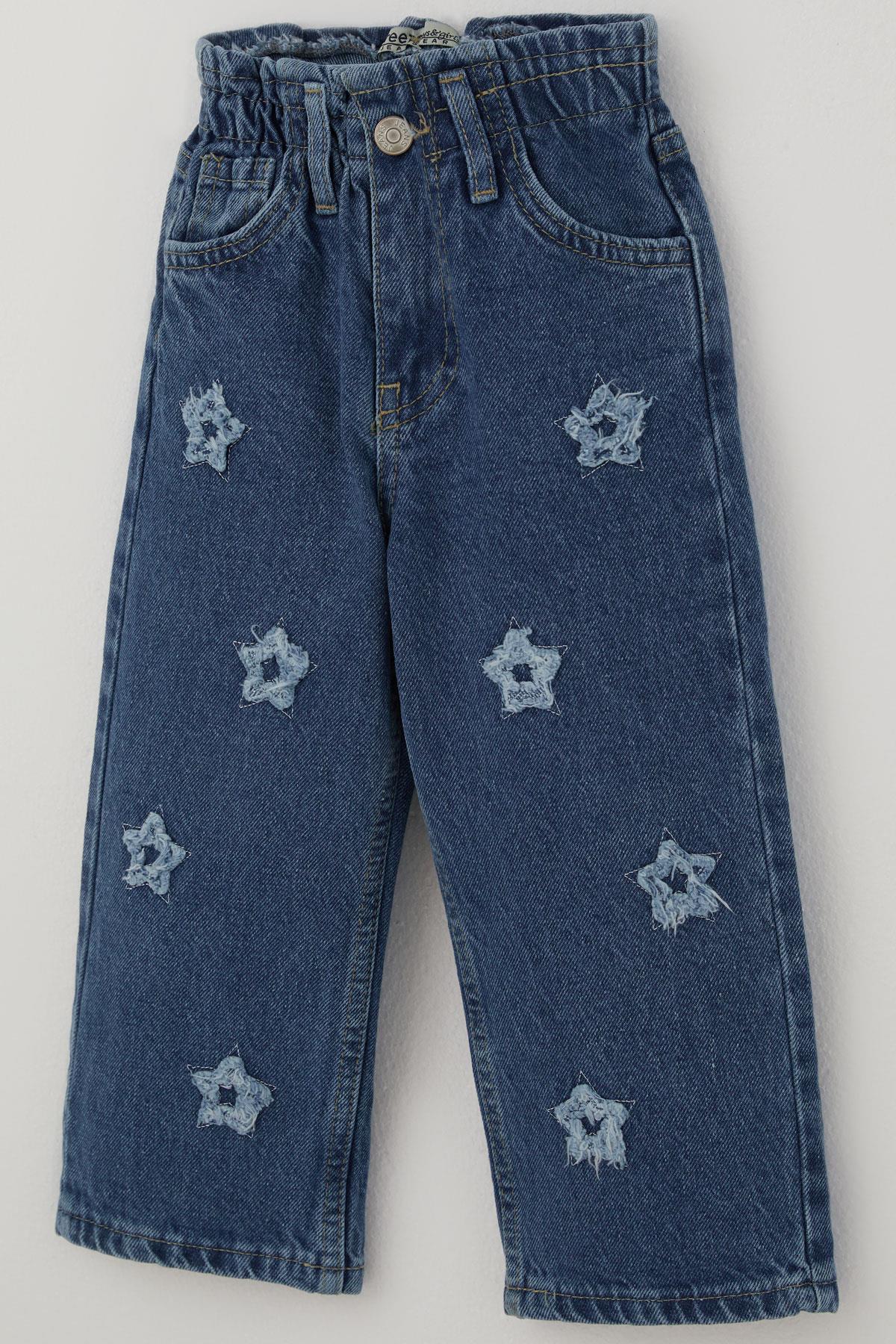 Breeze Kız Çocuk Jean Pantolon Yıldız Nakışlı Beli Lastikli Düğmeli Mavi (1.5-5 Yaş)