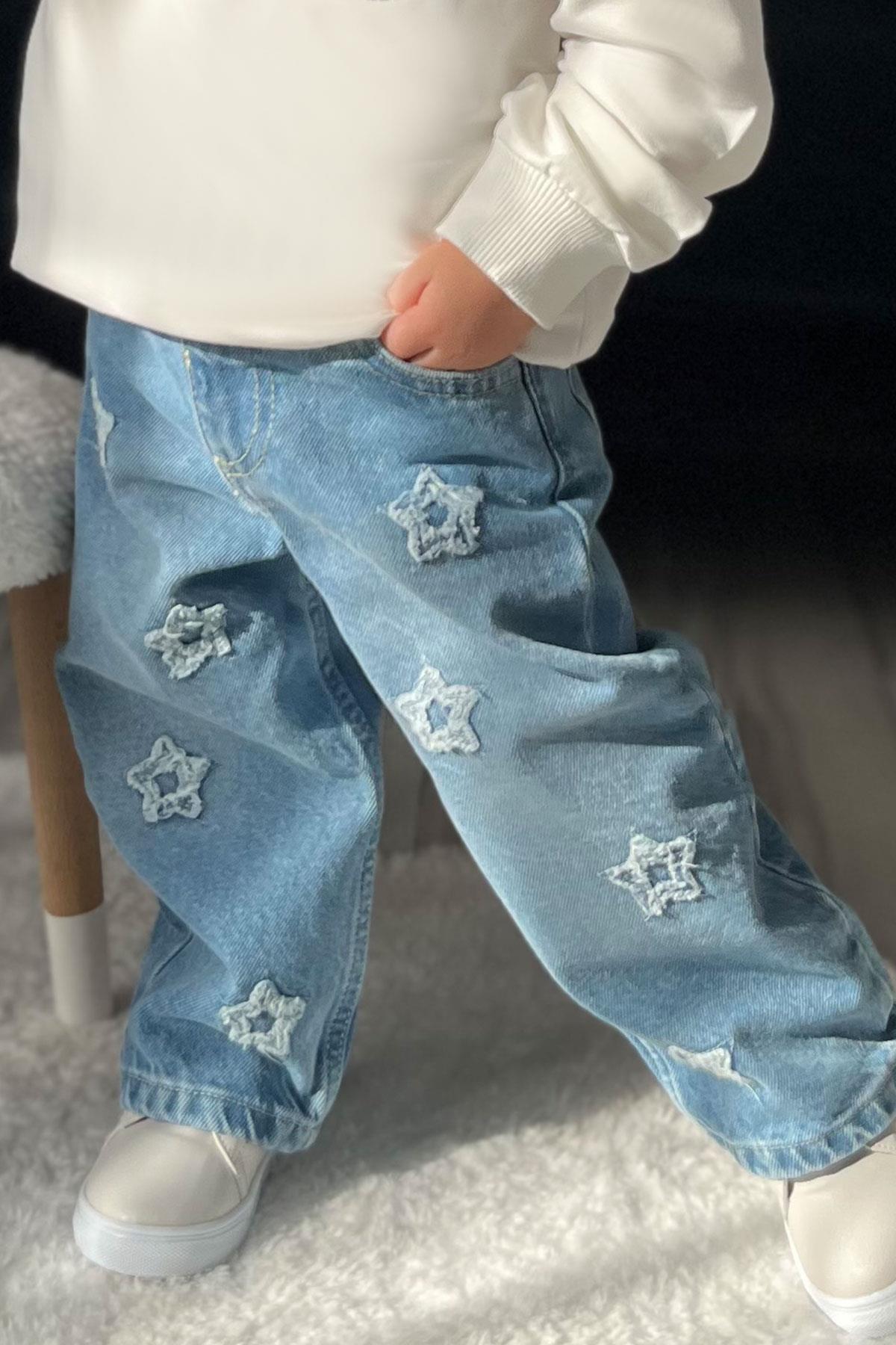 Breeze Kız Çocuk Jean Pantolon Yıldız Nakışlı Beli Lastikli Düğmeli Açık Mavi (1.5-2 Yaş)