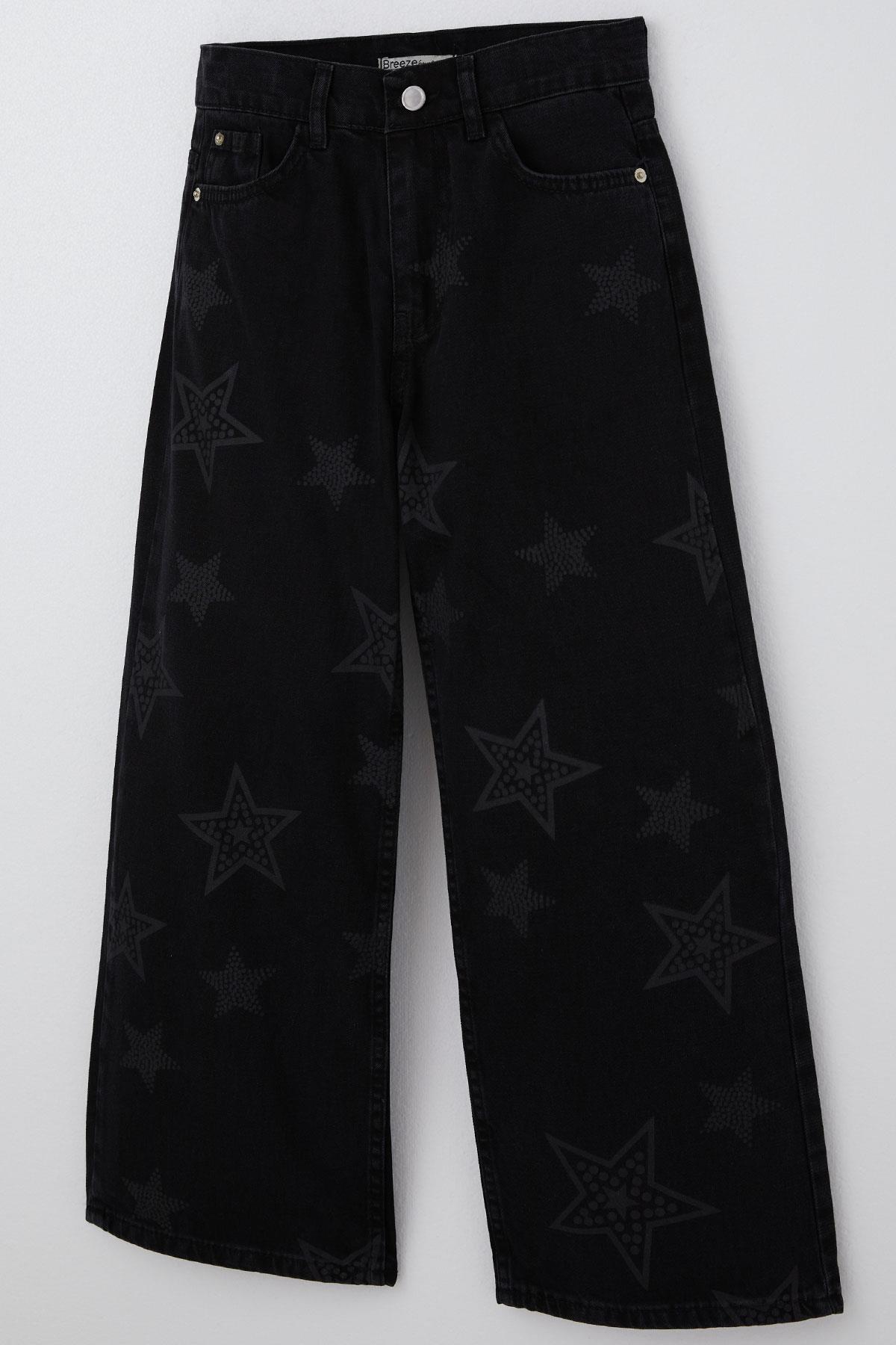 Breeze Kız Çocuk Jean Pantolon Yıldız Baskılı Fermuarlı Düğmeli Siyah (10-14 Yaş)
