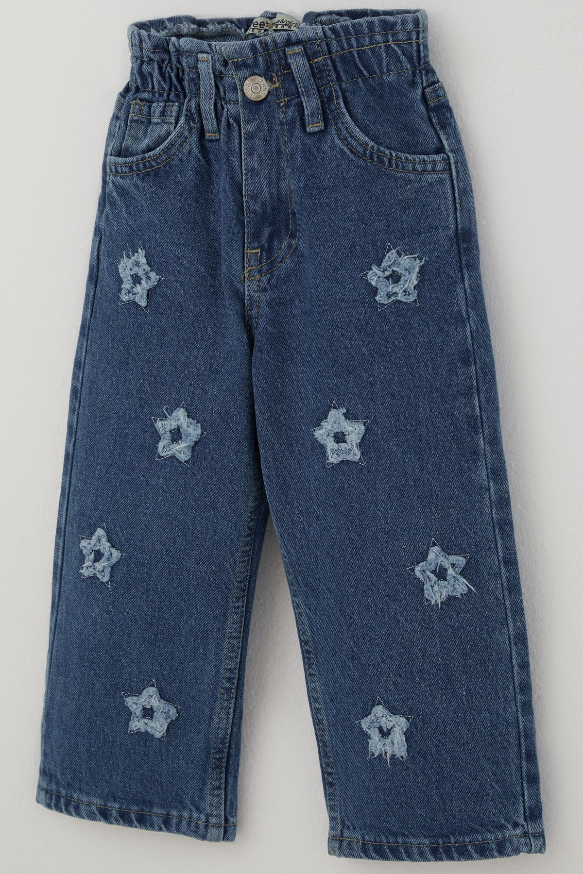 Breeze Kız Çocuk Jean Pantolon Yıldız Nakışlı Beli Lastikli Düğmeli Mavi (1.5-5 Yaş)
