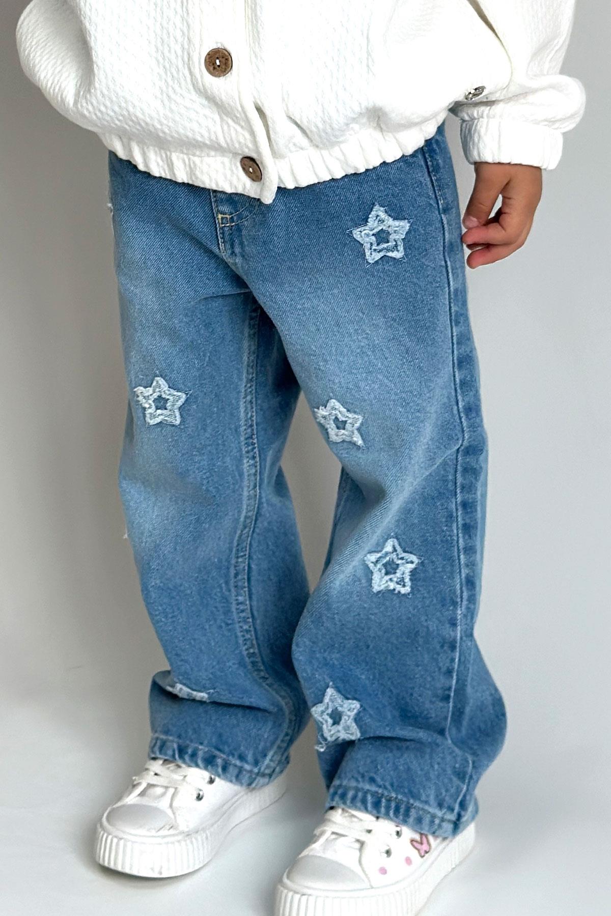 Breeze Kız Çocuk Jean Pantolon Yıldız Nakışlı Beli Lastikli Düğmeli Açık Mavi (1.5-4 Yaş)