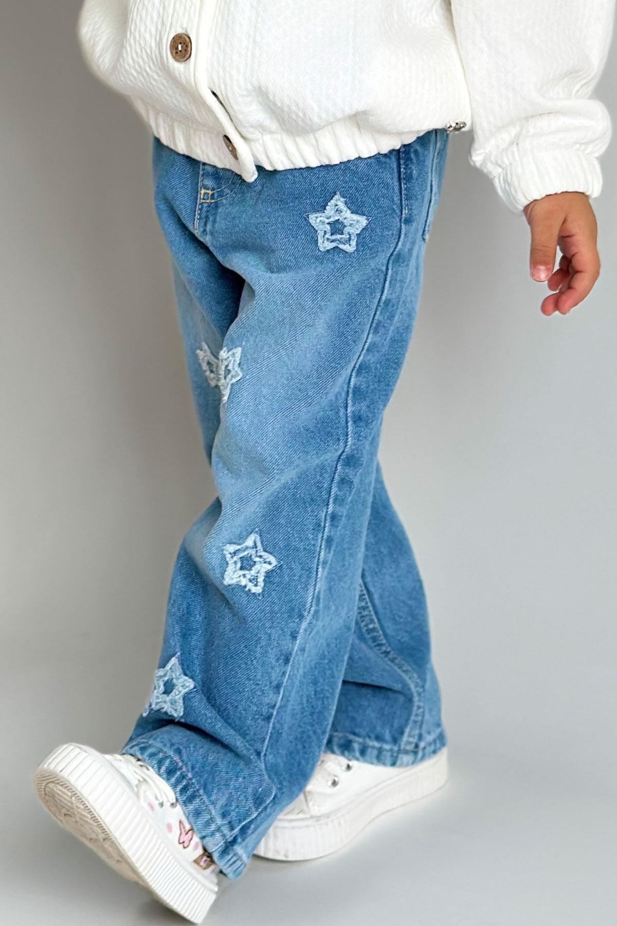 Breeze Kız Çocuk Jean Pantolon Yıldız Nakışlı Beli Lastikli Düğmeli Açık Mavi (1.5-4 Yaş)