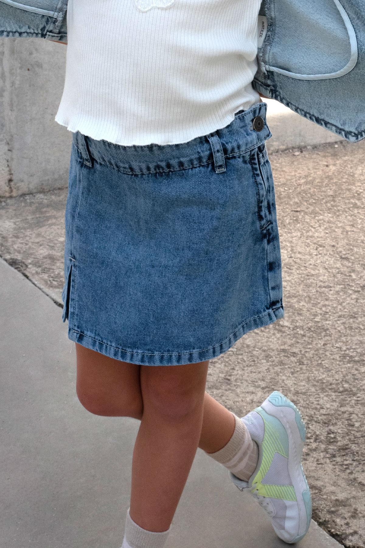 Breeze Kız Çocuk Jean Şort Etek Cepli Düğme Detaylı Mavi (5-10 Yaş)