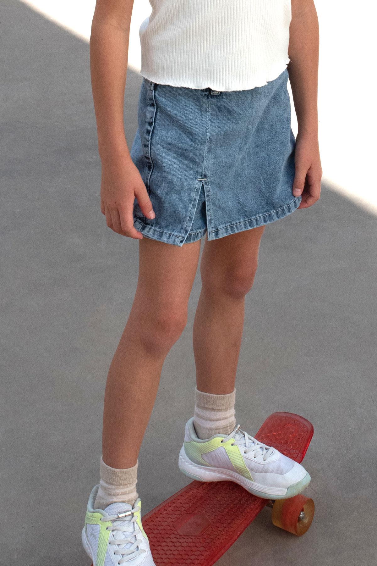 Breeze Kız Çocuk Jean Şort Etek Cepli Düğme Detaylı Mavi (5-10 Yaş)