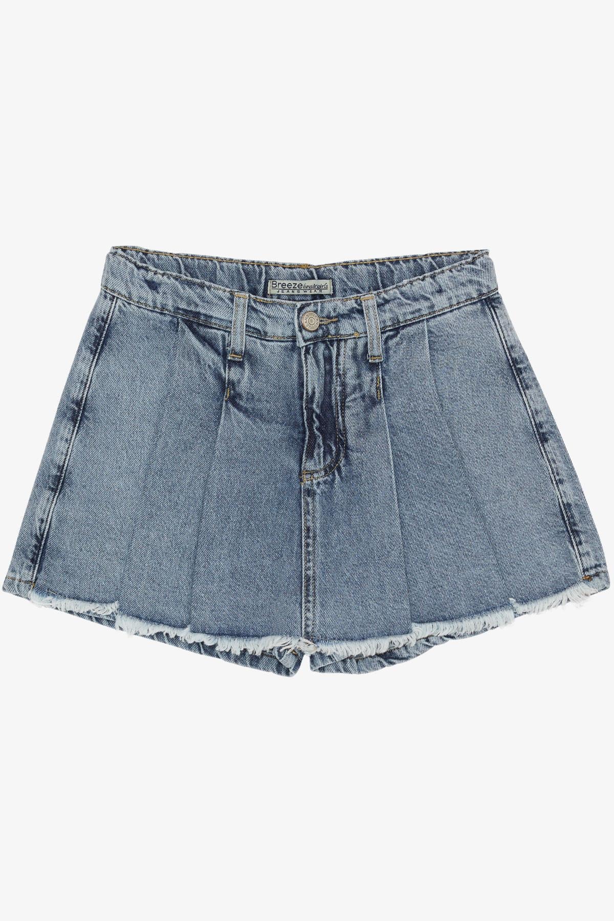 Breeze Kız Çocuk Jean Şort Etek Pileli Püsküllü Mavi (10-13 Yaş)