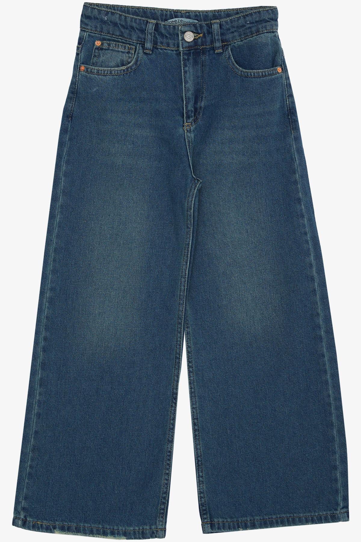 Breeze Kız Çocuk Jean Taşlanmış Pantalon Geniş Paça Cepli Mavi (10-14 Yaş)