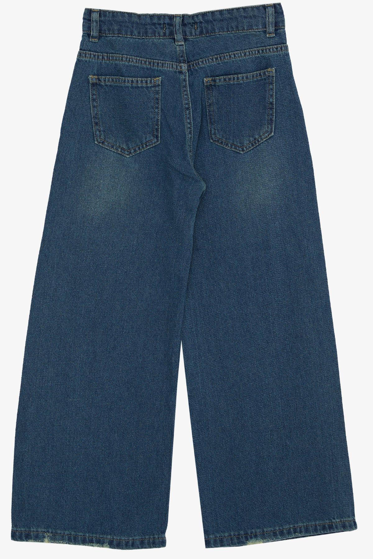 Breeze Kız Çocuk Jean Taşlanmış Pantalon Geniş Paça Cepli Mavi (10-14 Yaş)