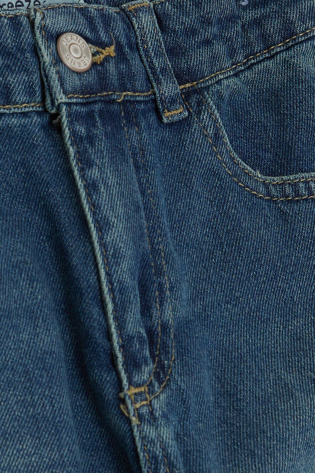 Breeze Kız Çocuk Jean Taşlanmış Pantalon Geniş Paça Cepli Mavi (10-14 Yaş)