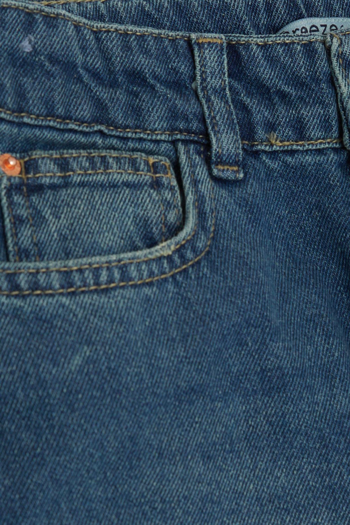 Breeze Kız Çocuk Jean Taşlanmış Pantalon Geniş Paça Cepli Mavi (10-14 Yaş)