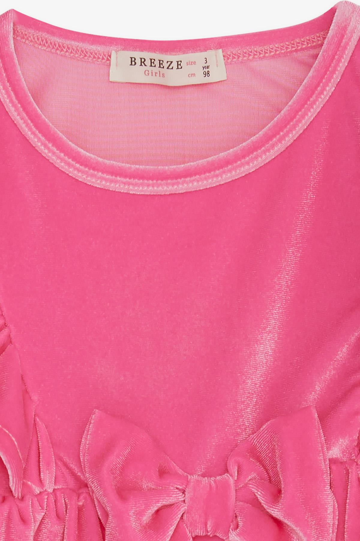 Breeze Kız Çocuk Kadife Elbise Fiyonklu Fırfırlı Pembe (3-8 Yaş)