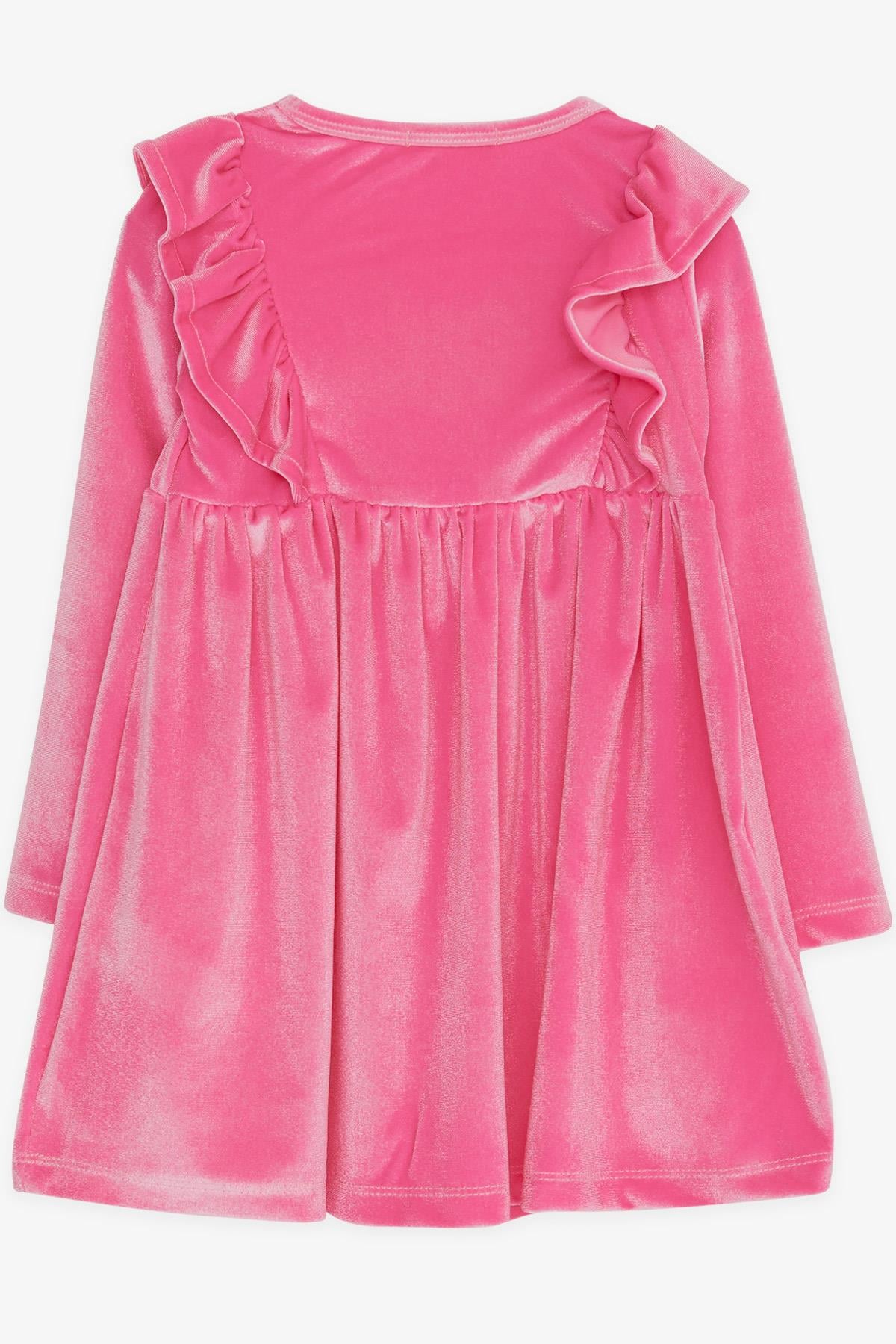 Breeze Kız Çocuk Kadife Elbise Fiyonklu Fırfırlı Pembe (3-8 Yaş)